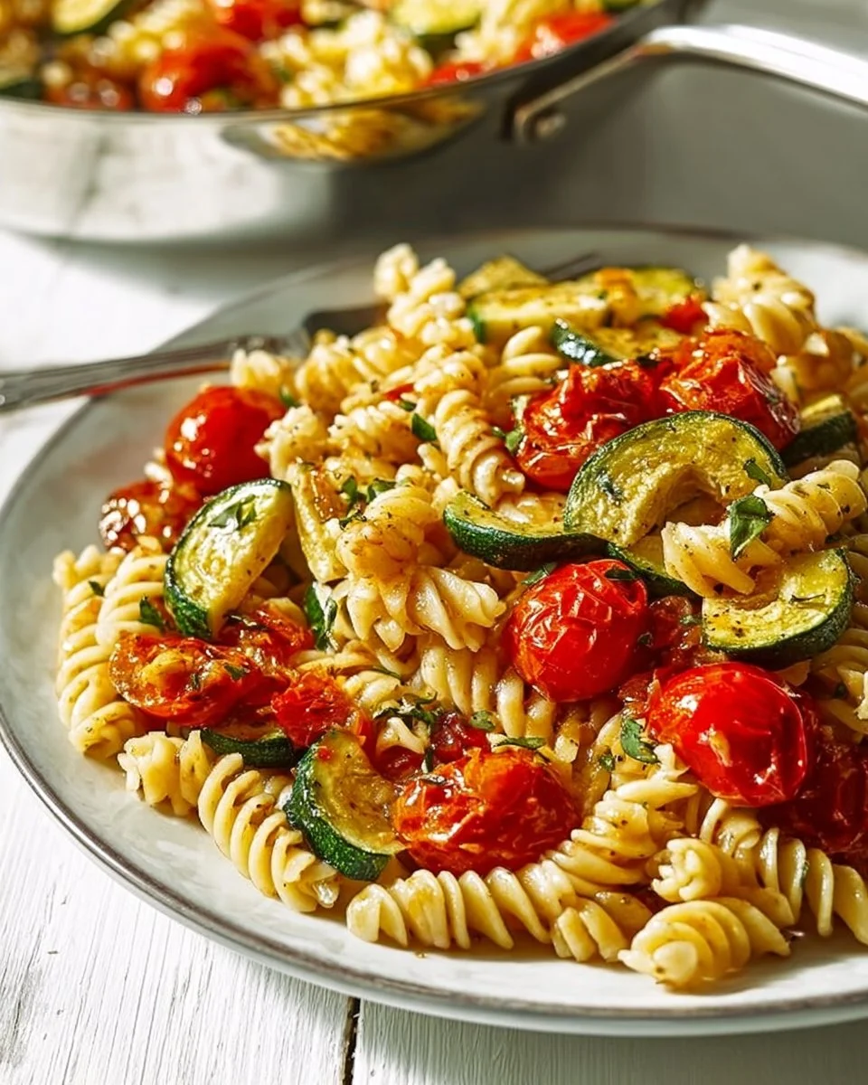 Delicious fresh garden tomato zucchini pasta served in a bowl