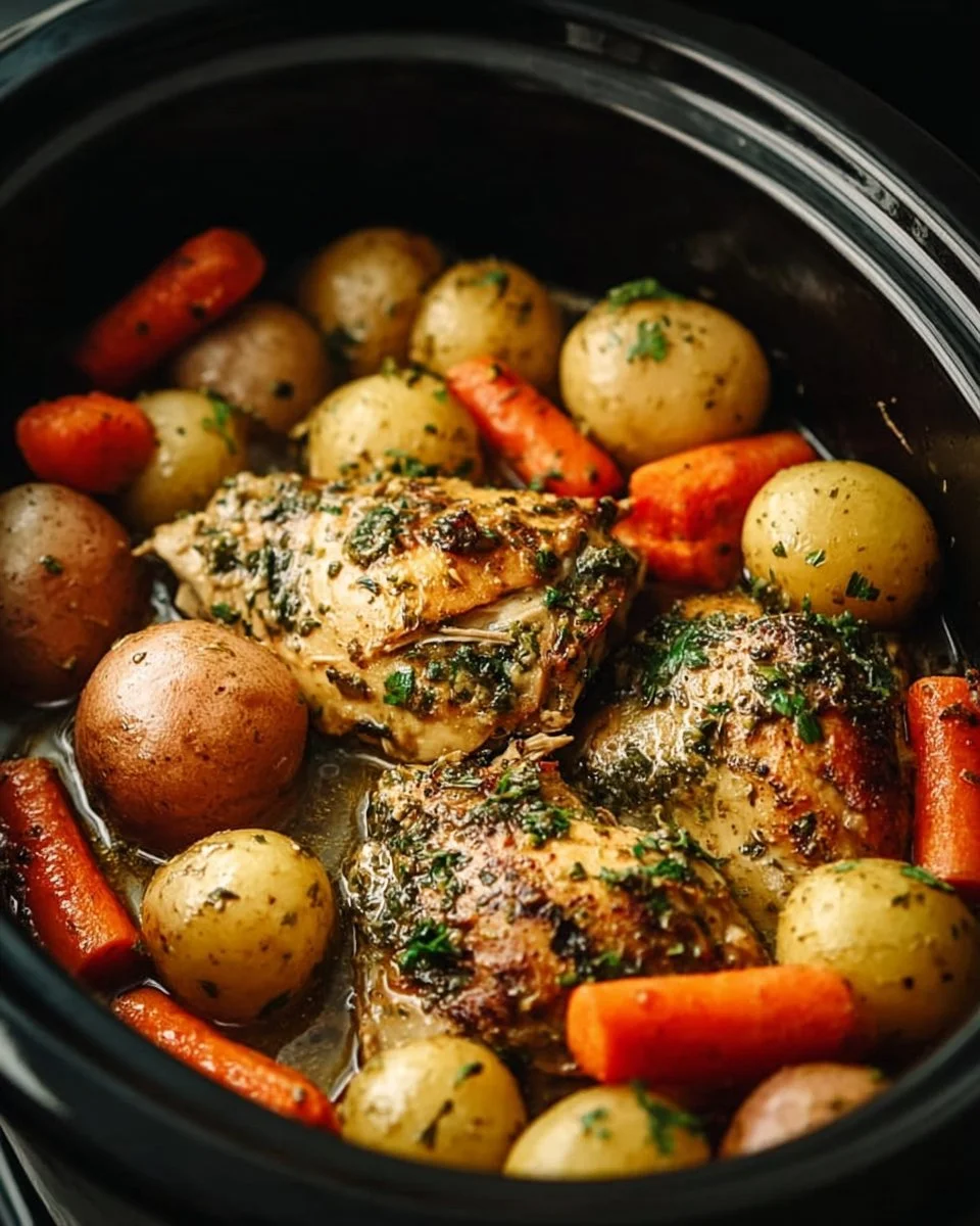 Delicious Garlic Butter Chicken with potatoes and carrots in a crockpot