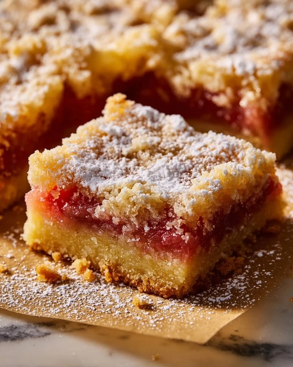 Delicious homemade lemon rhubarb bars with a buttery crust and tangy filling