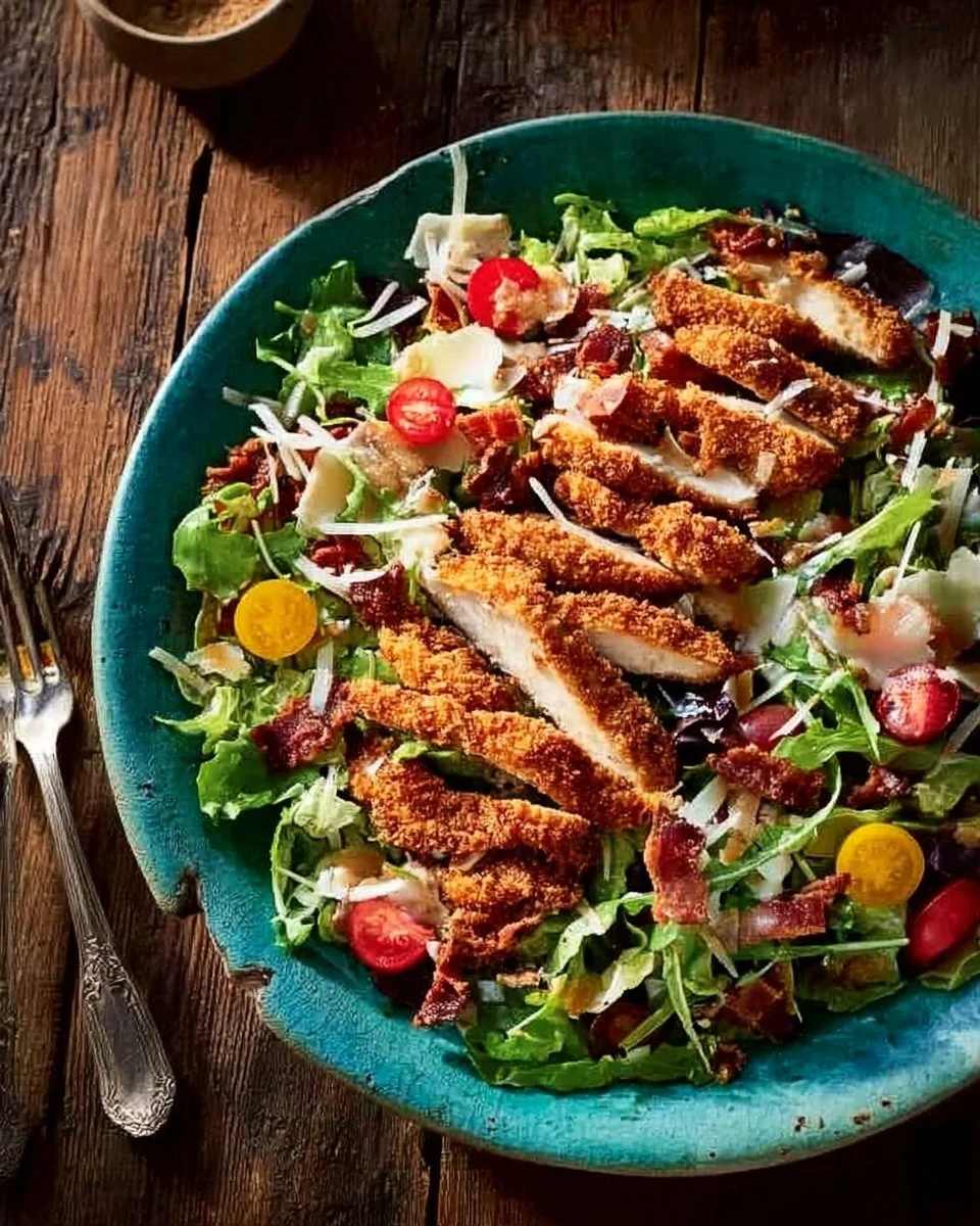 Honey Mustard Pretzel Chicken served with Avocado Bacon Salad