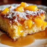 Delicious summer peach cake topped with fresh peaches and whipped cream.