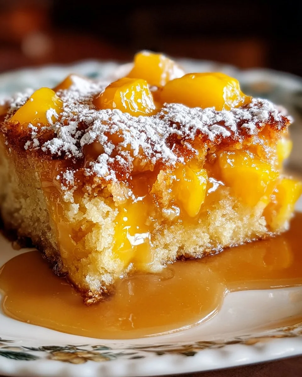 Delicious summer peach cake topped with fresh peaches and whipped cream.
