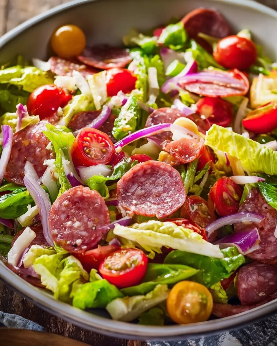 A vibrant Italian chopped salad with fresh vegetables and dressing