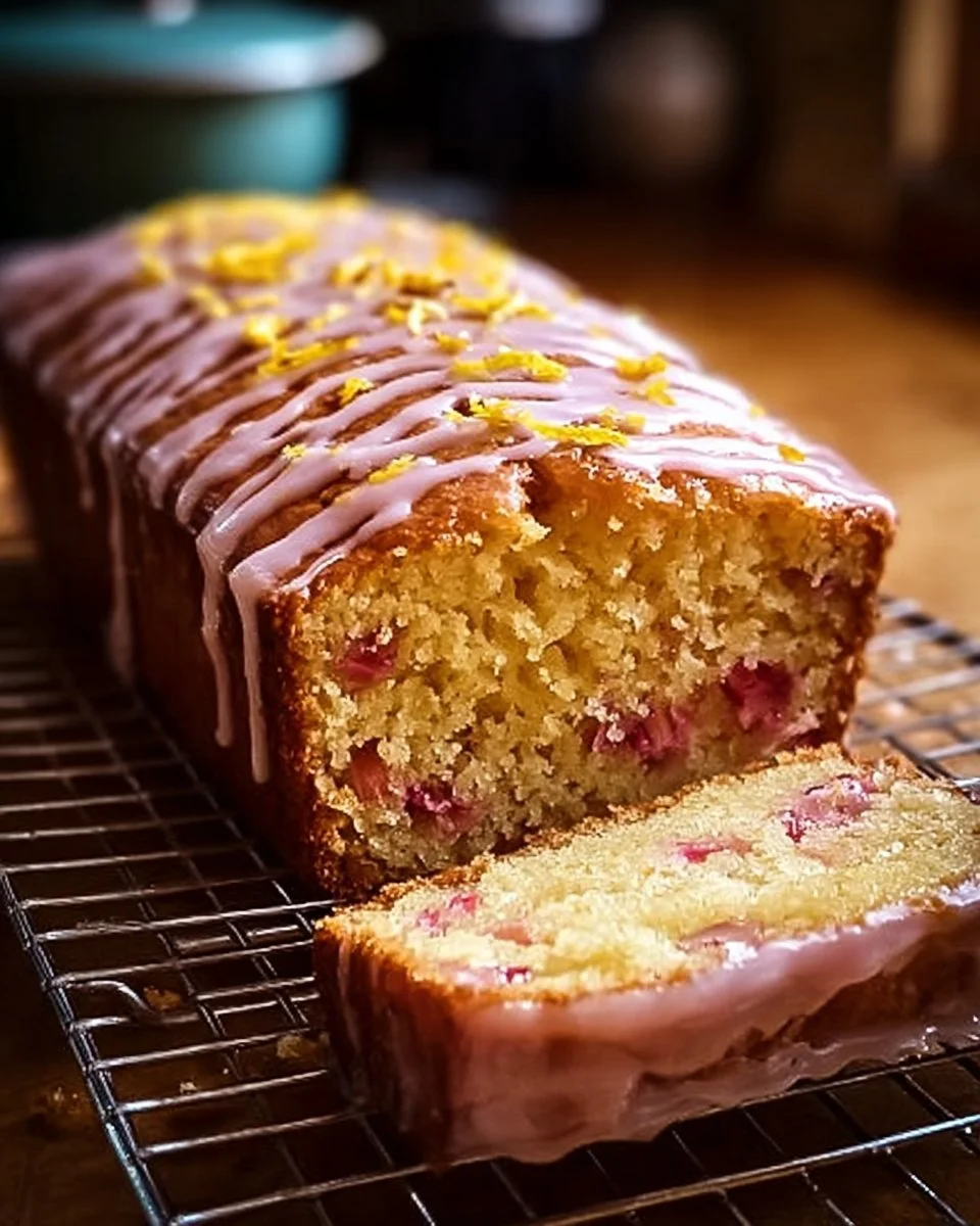 Delicious Lemon Rhubarb Loaf Cake on a rustic table