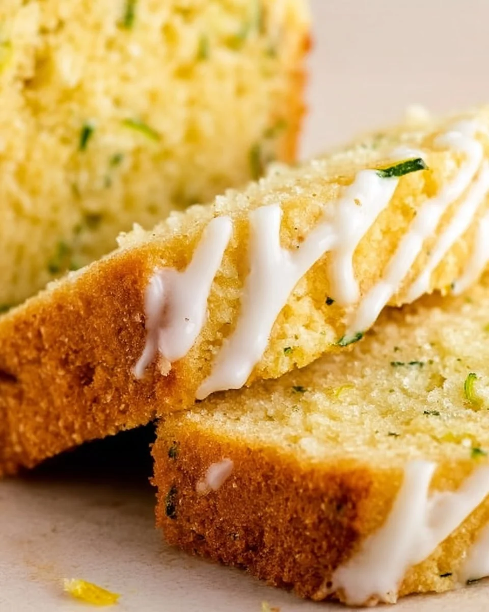 Sliced lemon zucchini bread on a wooden table, showcasing its moist texture and bright flavor.