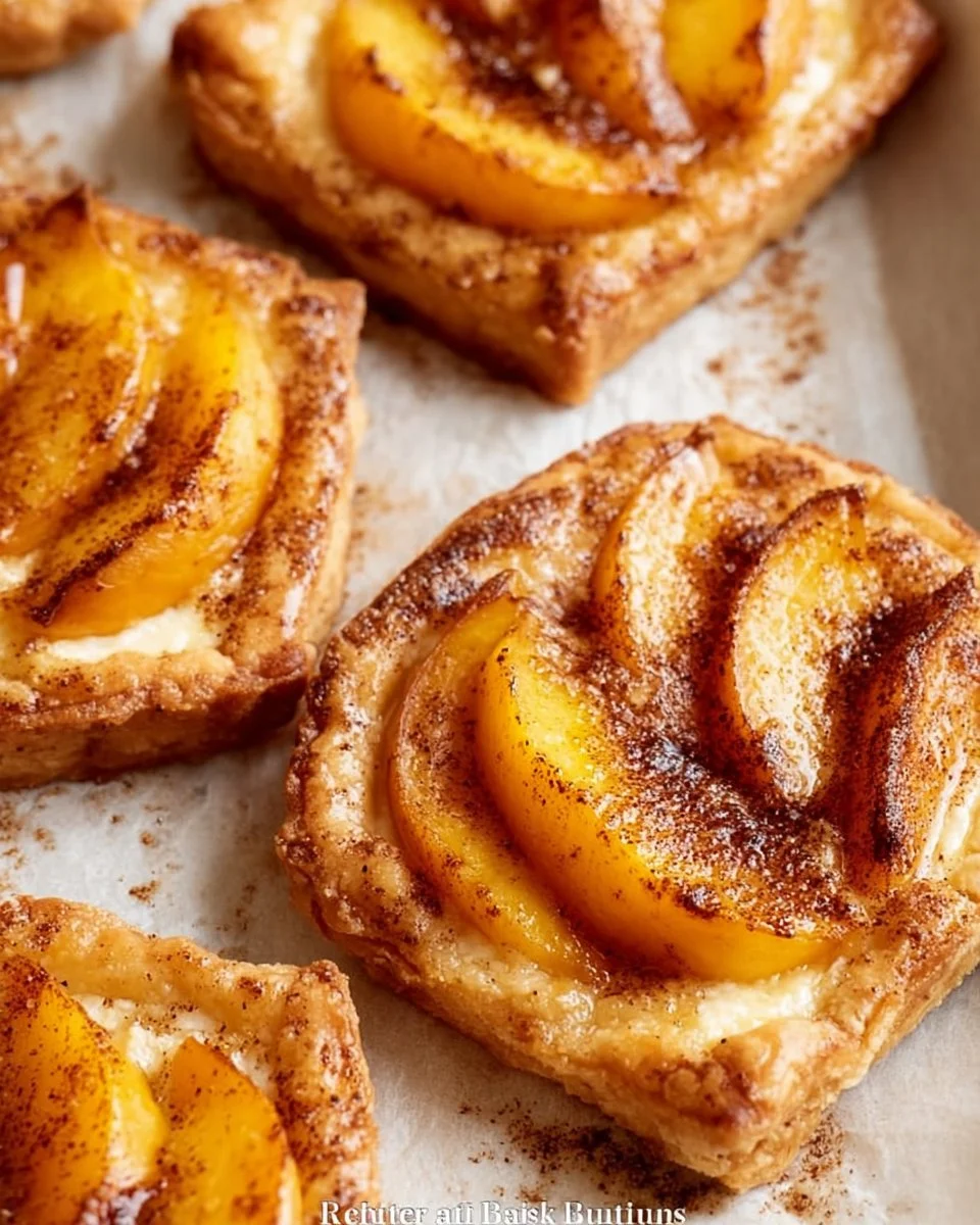 Mini peach and cream cheese tarts garnished with fresh peaches