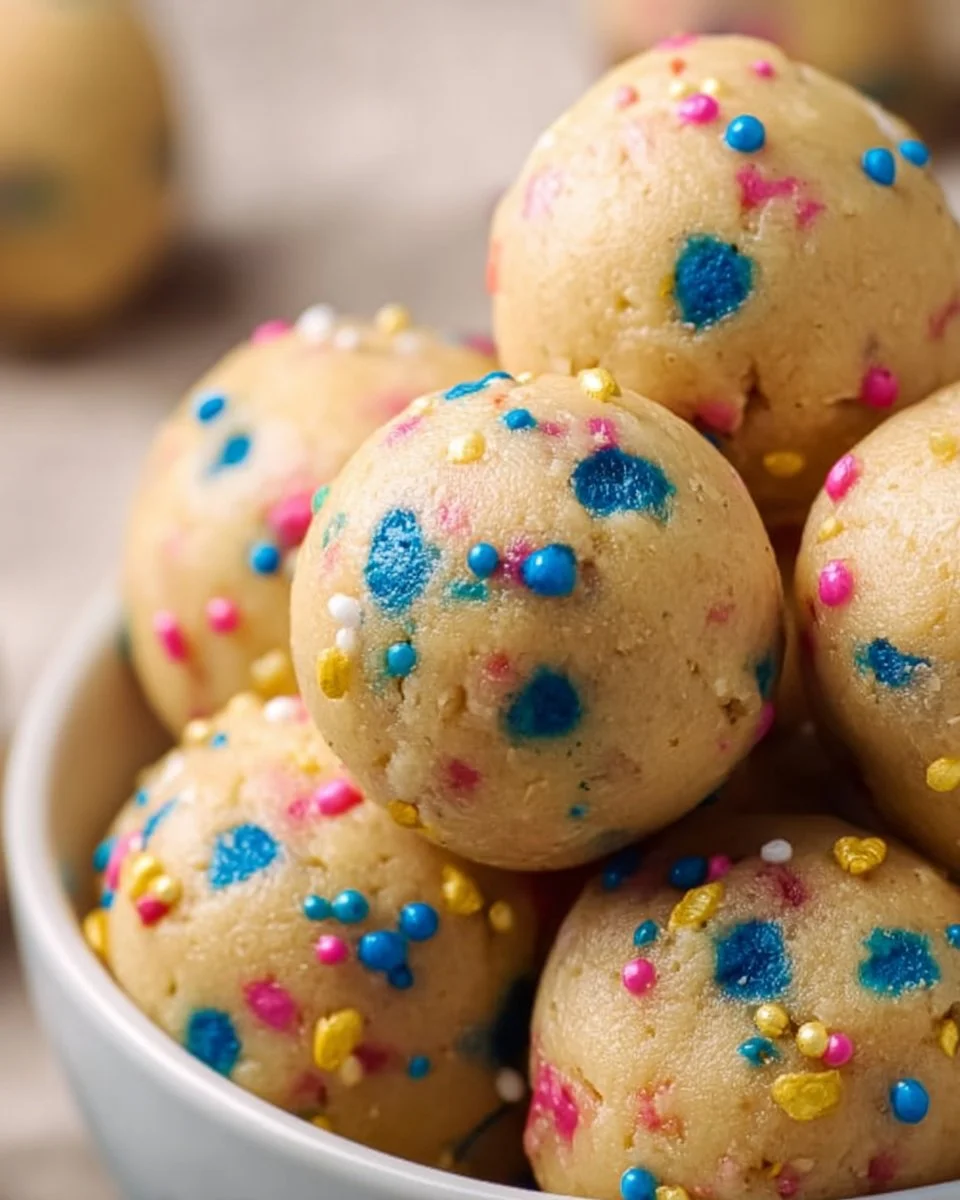 Delicious no-bake cake batter protein bites on a plate
