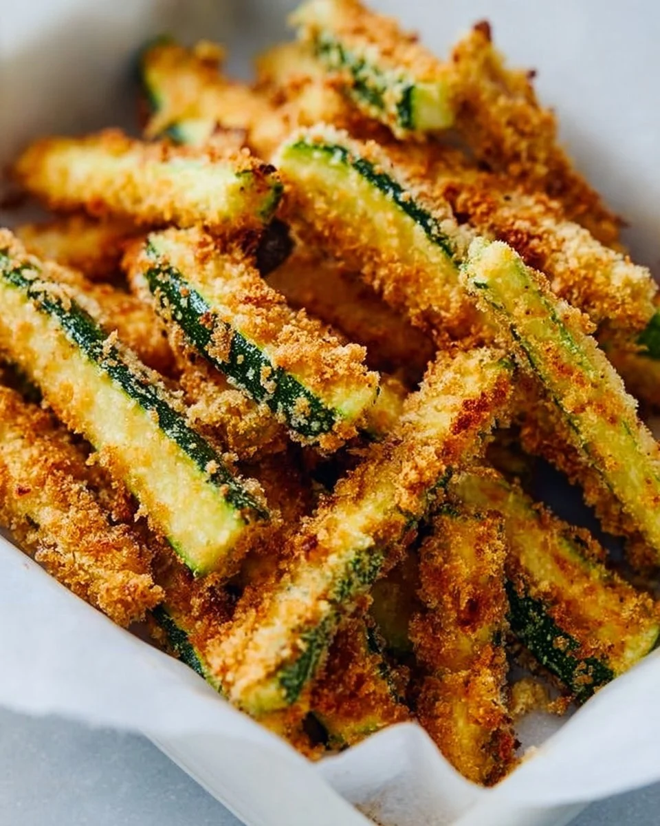Crispy Parmesan Zucchini Fries on a plate with dipping sauce