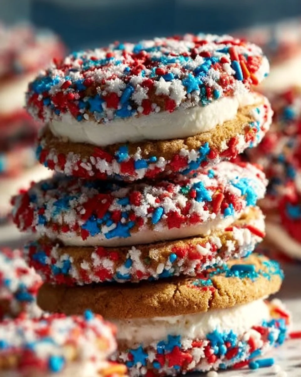 Delicious patriotic ice cream sandwiches decorated with red, white, and blue