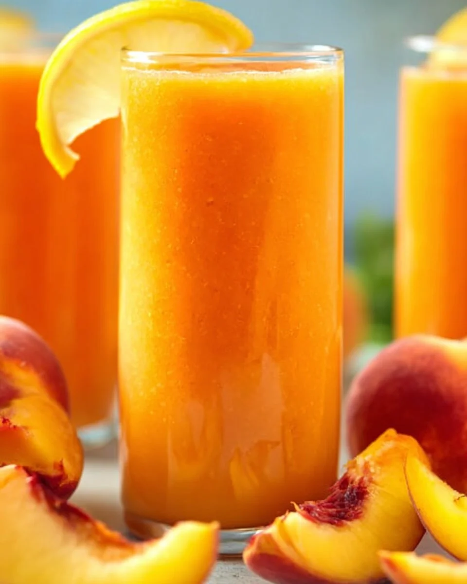 Refreshing glass of peach lemonade with fresh peaches and lemons