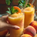 A refreshing glass of peach lemonade with slices of peach and lemon.