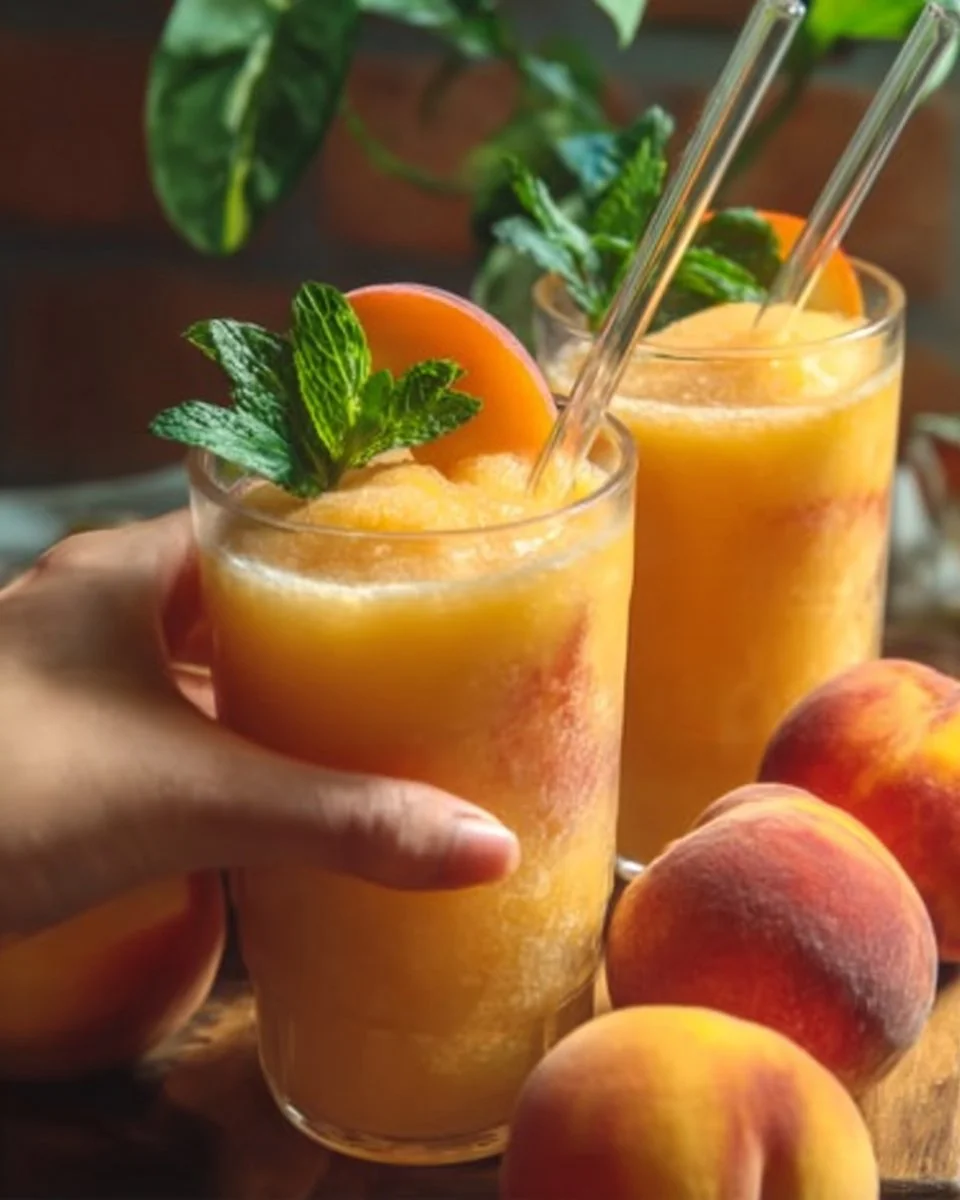 A refreshing glass of peach lemonade with slices of peach and lemon.