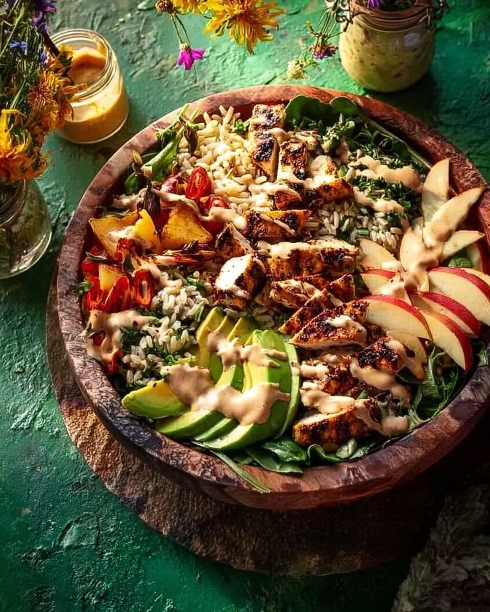 Pesto Chicken Avocado Orzo Salad in a bowl, garnished with fresh herbs.