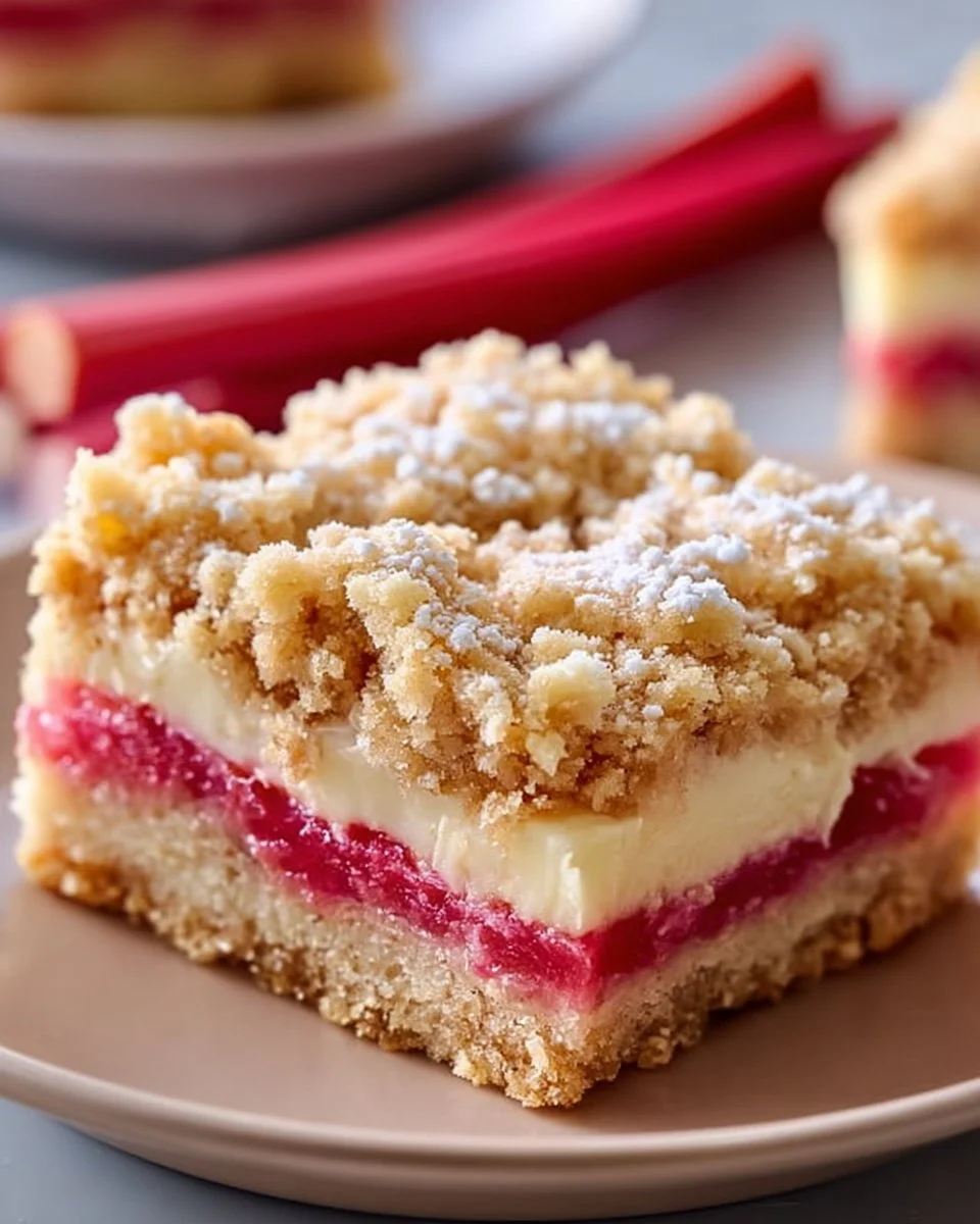 Freshly baked Rhubarb Cream Cheese Bars on a wooden table