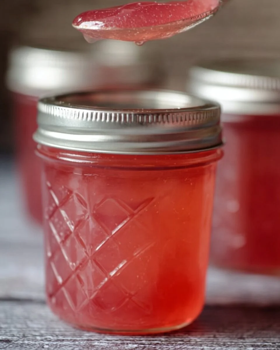 Jars of homemade rhubarb jelly on a rustic kitchen table