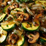 Delicious sautéed zucchini with mushrooms and onions in a frying pan.