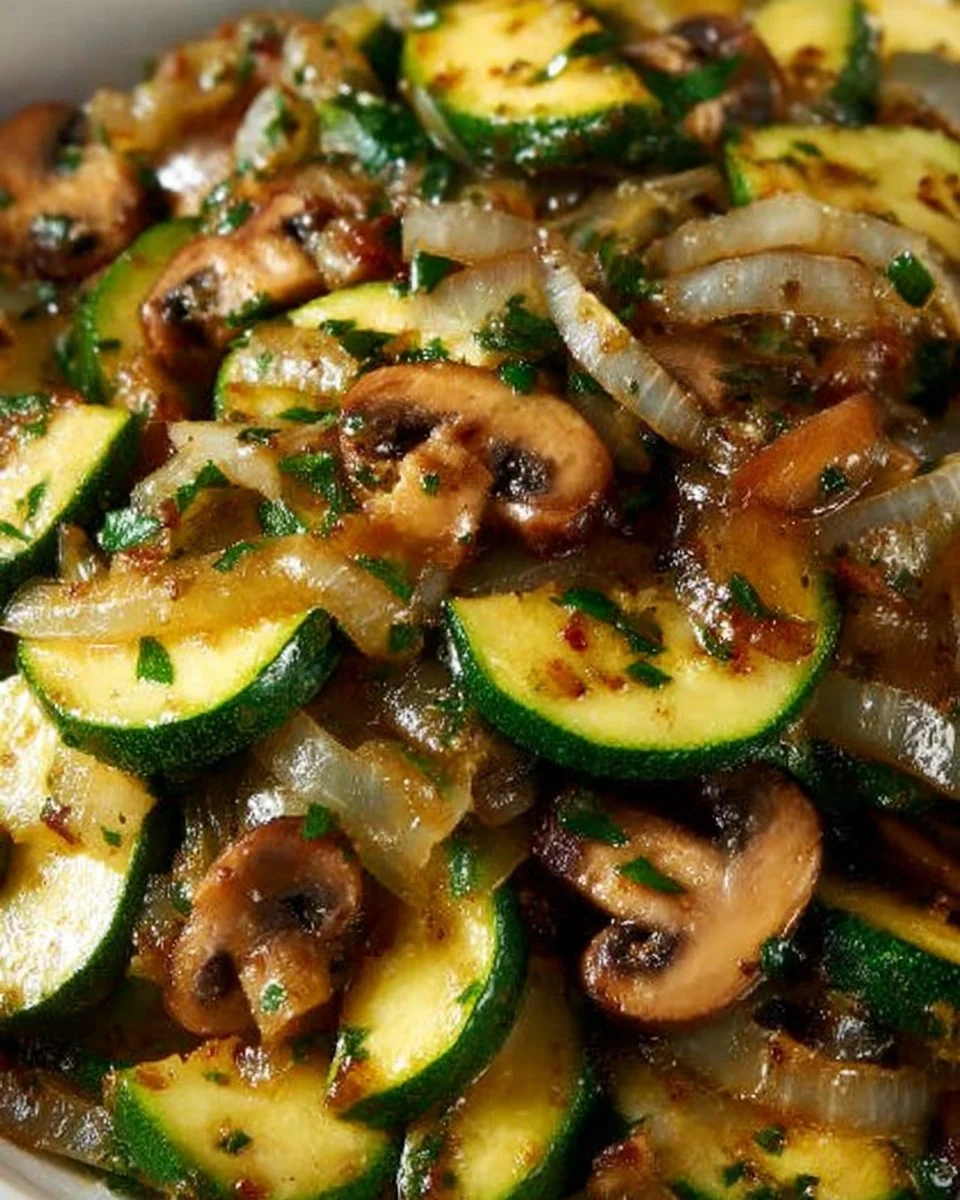Delicious sautéed zucchini with mushrooms and onions in a frying pan.