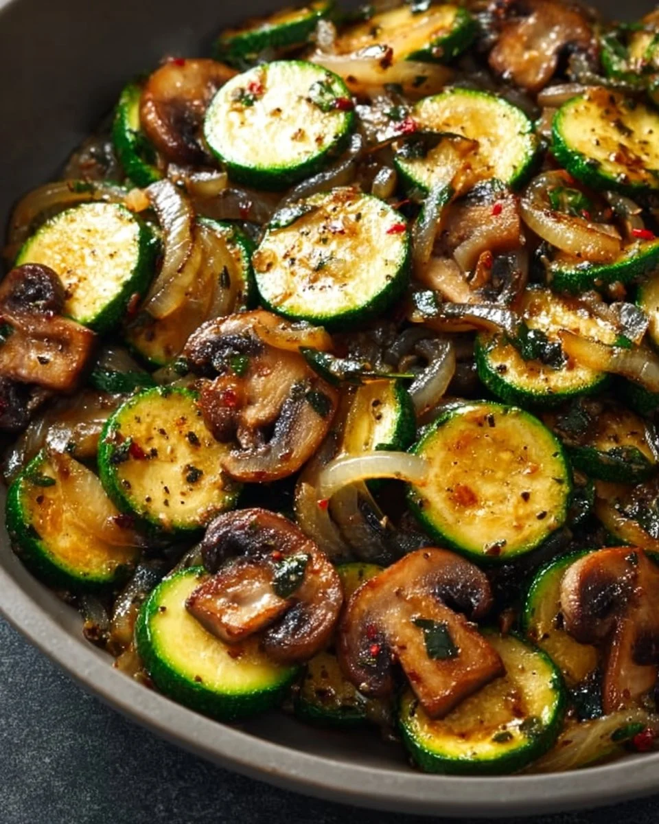 Delicious sautéed zucchini with mushrooms and onions in a skillet