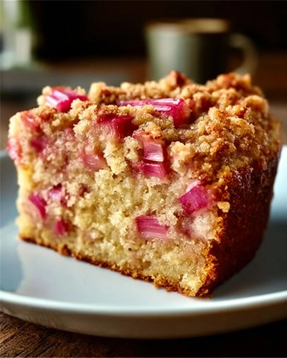 Sour cream rhubarb coffee cake sliced and served on a plate