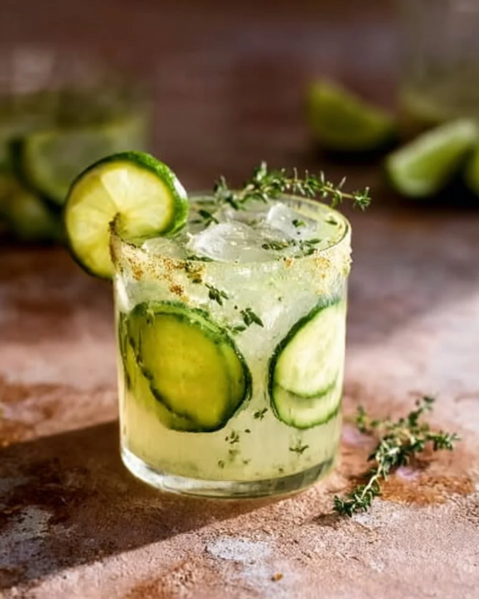 Spicy Cucumber Margarita cocktail garnished with cucumber slices and chili.