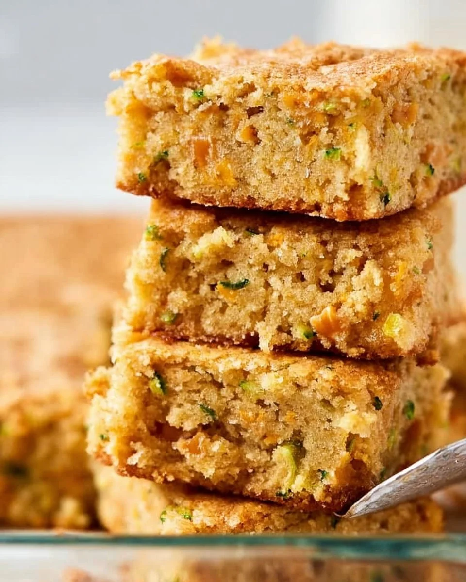 Delicious homemade zucchini blondies with chocolate chips on a wooden table.