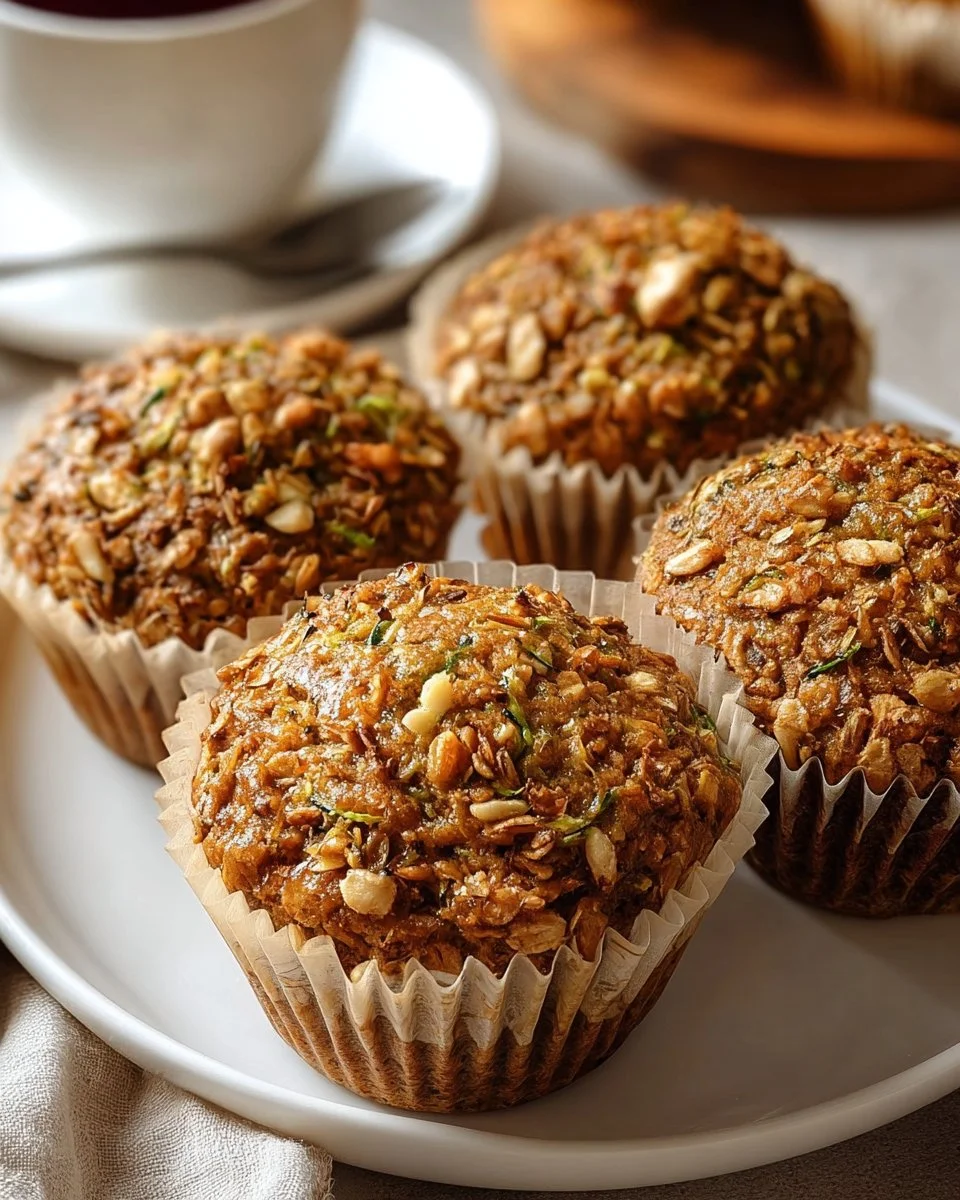 Freshly baked zucchini oatmeal muffins on a wooden table