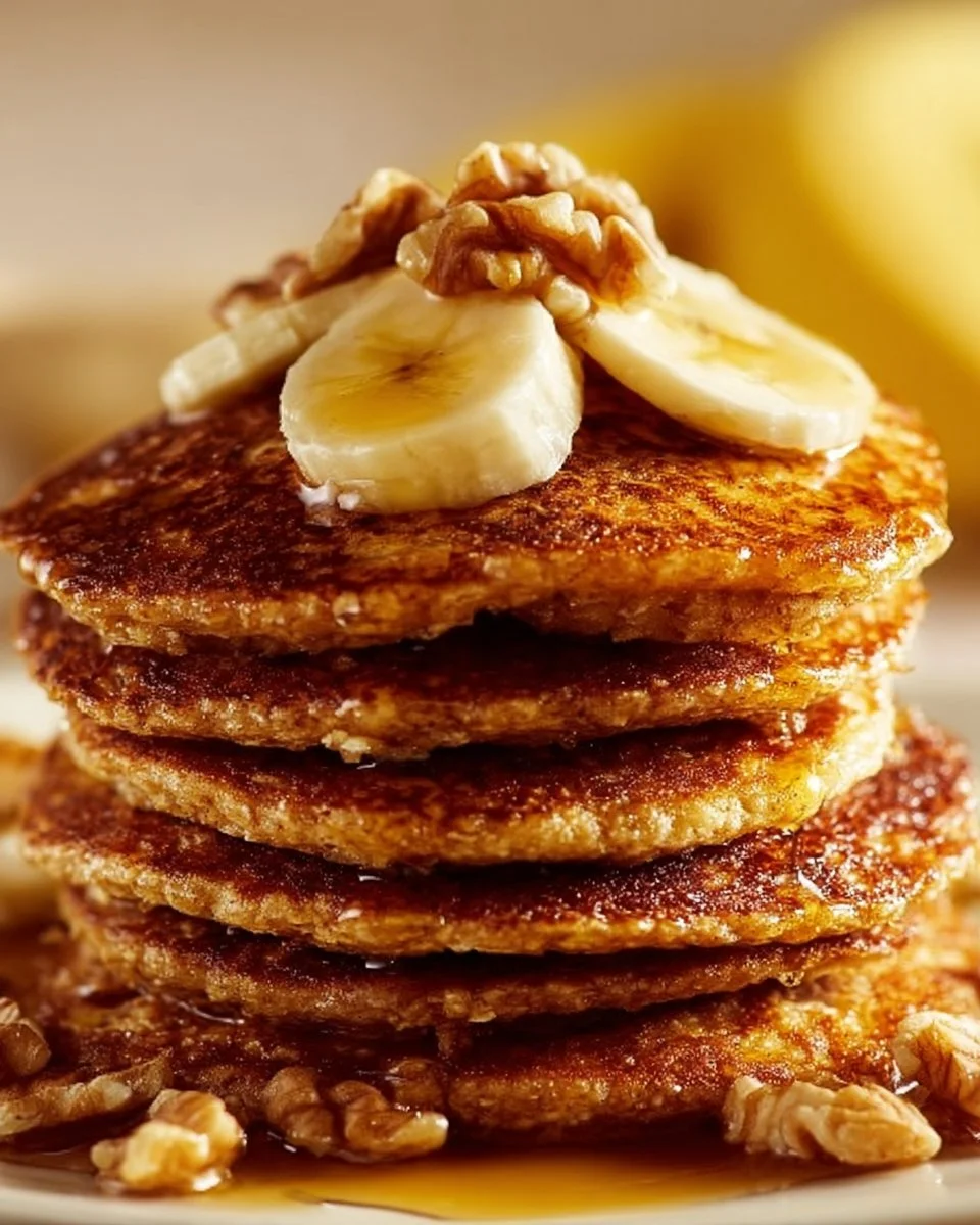 Delicious stack of homemade banana oat pancakes topped with fresh bananas and syrup