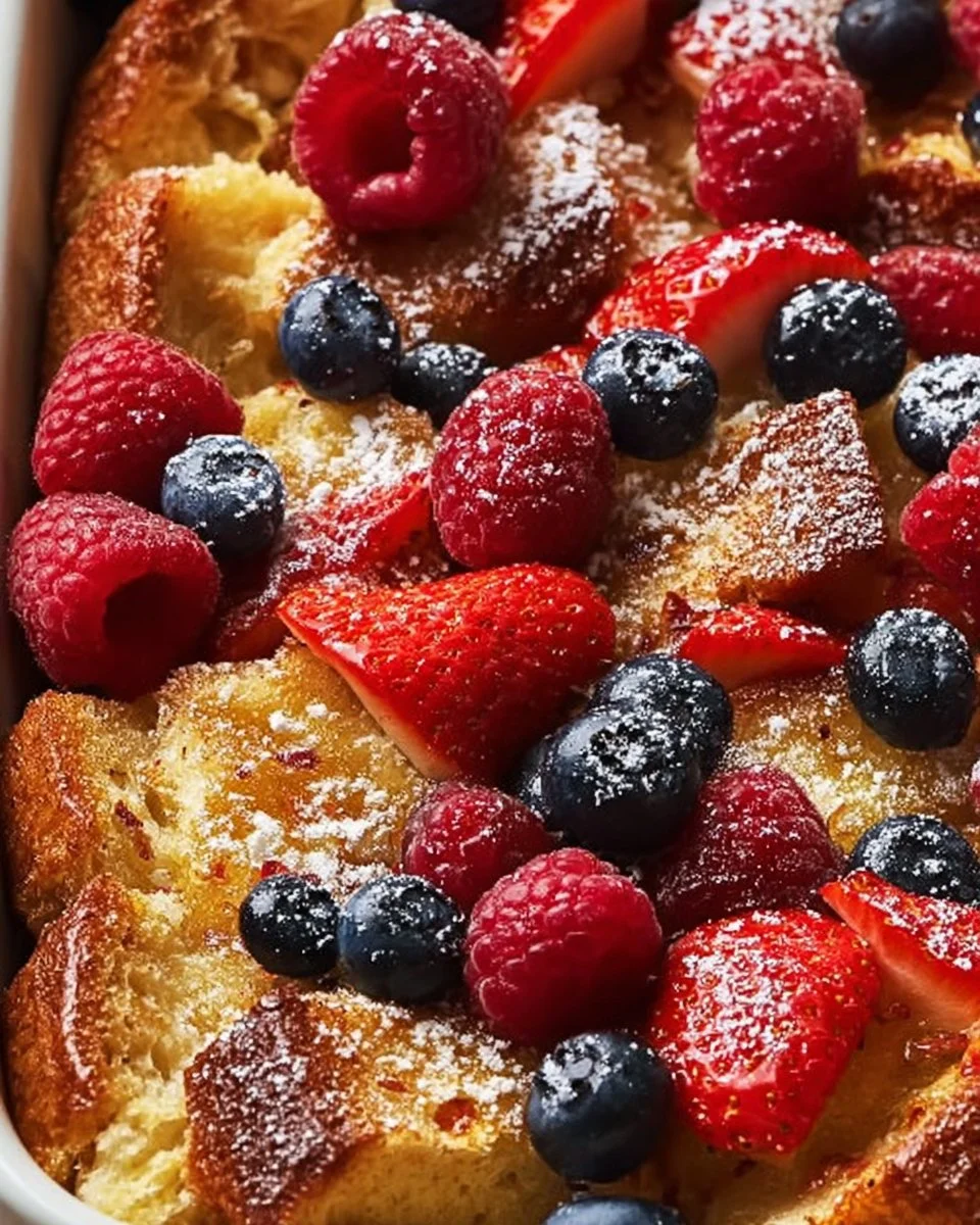 Delicious Berry French Toast Bake topped with fresh berries and syrup