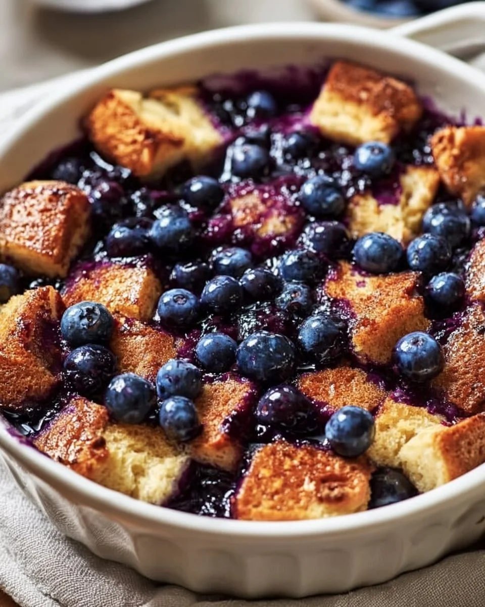 Blueberry French Toast Casserole topped with fresh blueberries and syrup
