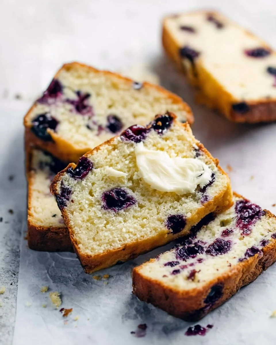 Delicious blueberry lemon quick bread sliced on a wooden board