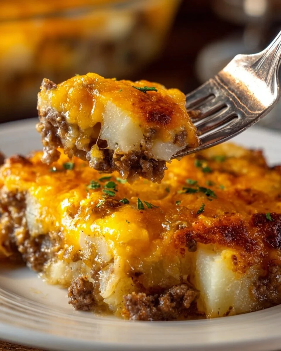 Cheesy hamburger potato casserole served in a dish, topped with melted cheese.