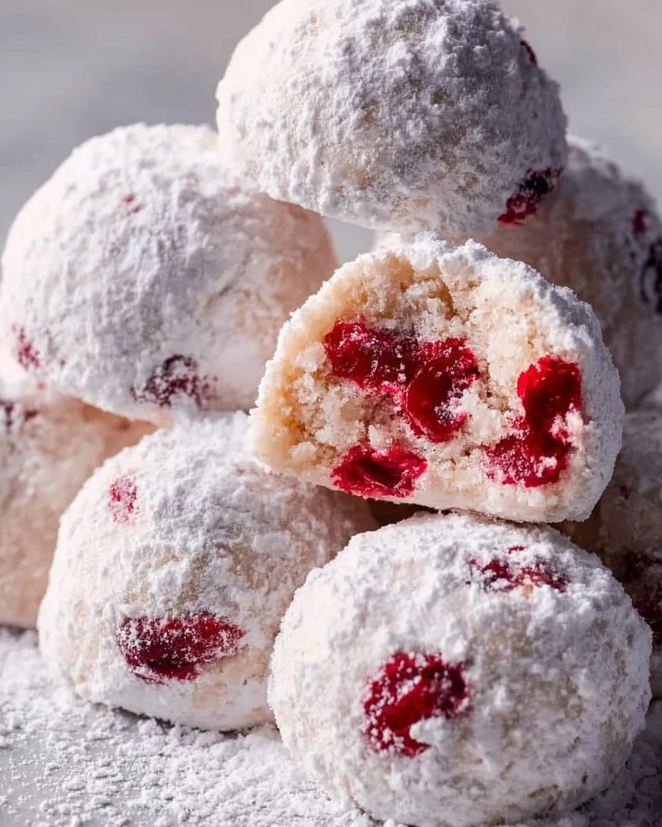 Freshly baked Cherry Almond Snowball Cookies on a white plate