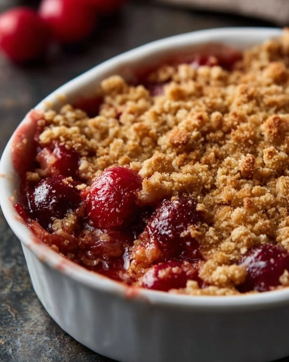 Delicious Cherry Rhubarb Crisp served in a rustic ceramic dish