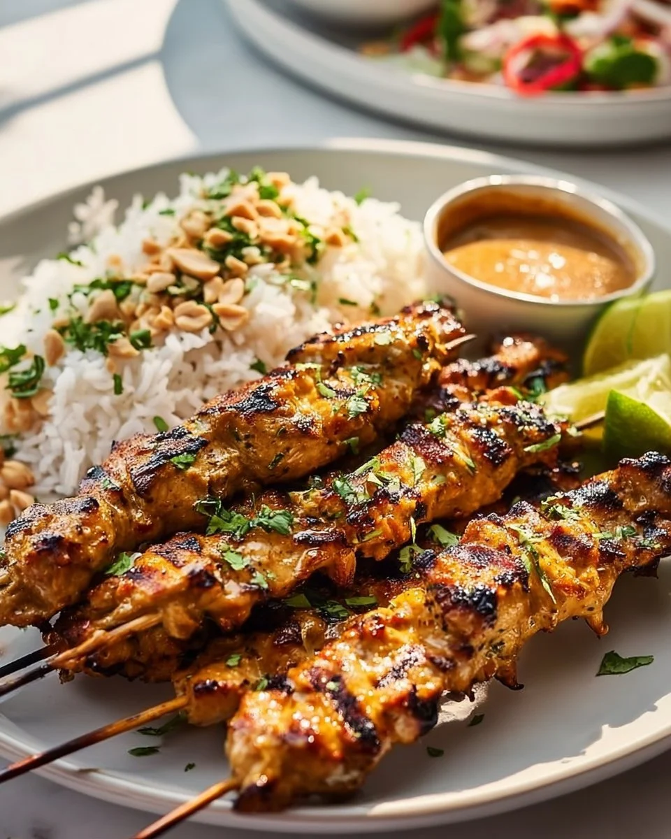 Grilled Chicken Satay skewers with delicious peanut sauce garnish