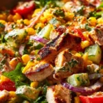 Fresh and colorful chopped chicken salad topped with vegetables and dressing