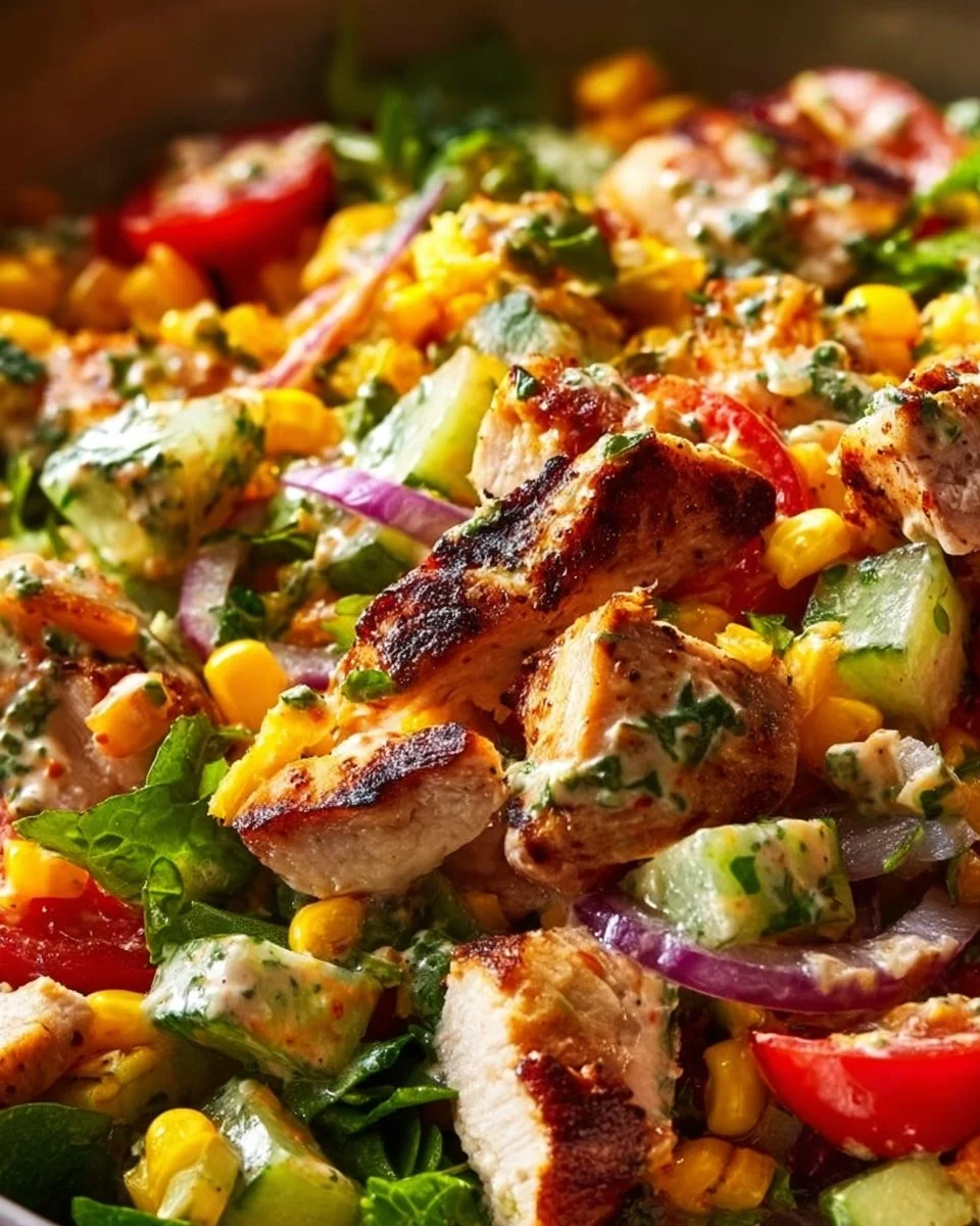 Fresh and colorful chopped chicken salad topped with vegetables and dressing