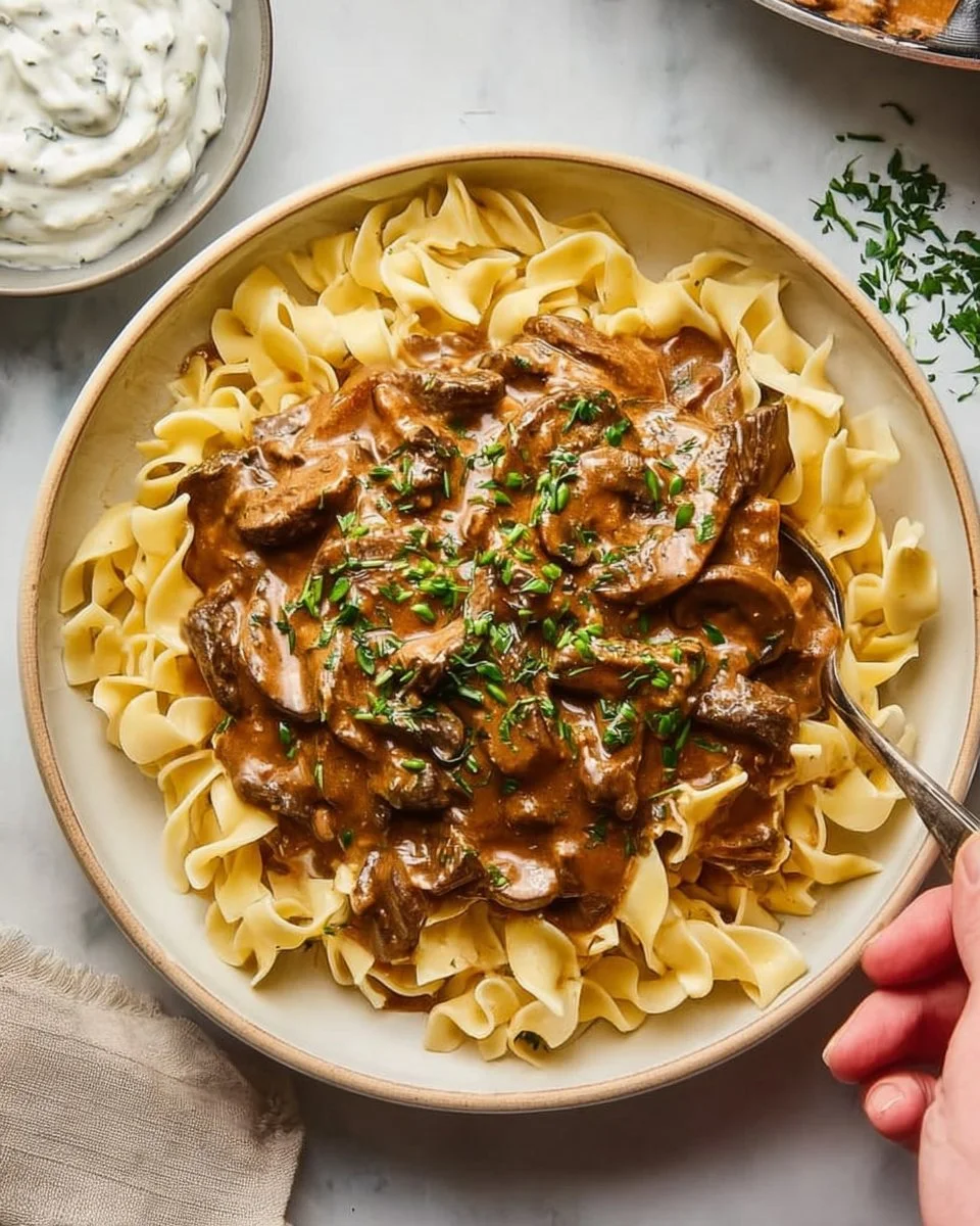 Classic Beef Stroganoff served in a bowl with noodles and garnished with parsley