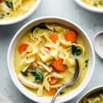 Creamy chicken noodle soup in a bowl with fresh herbs and noodles