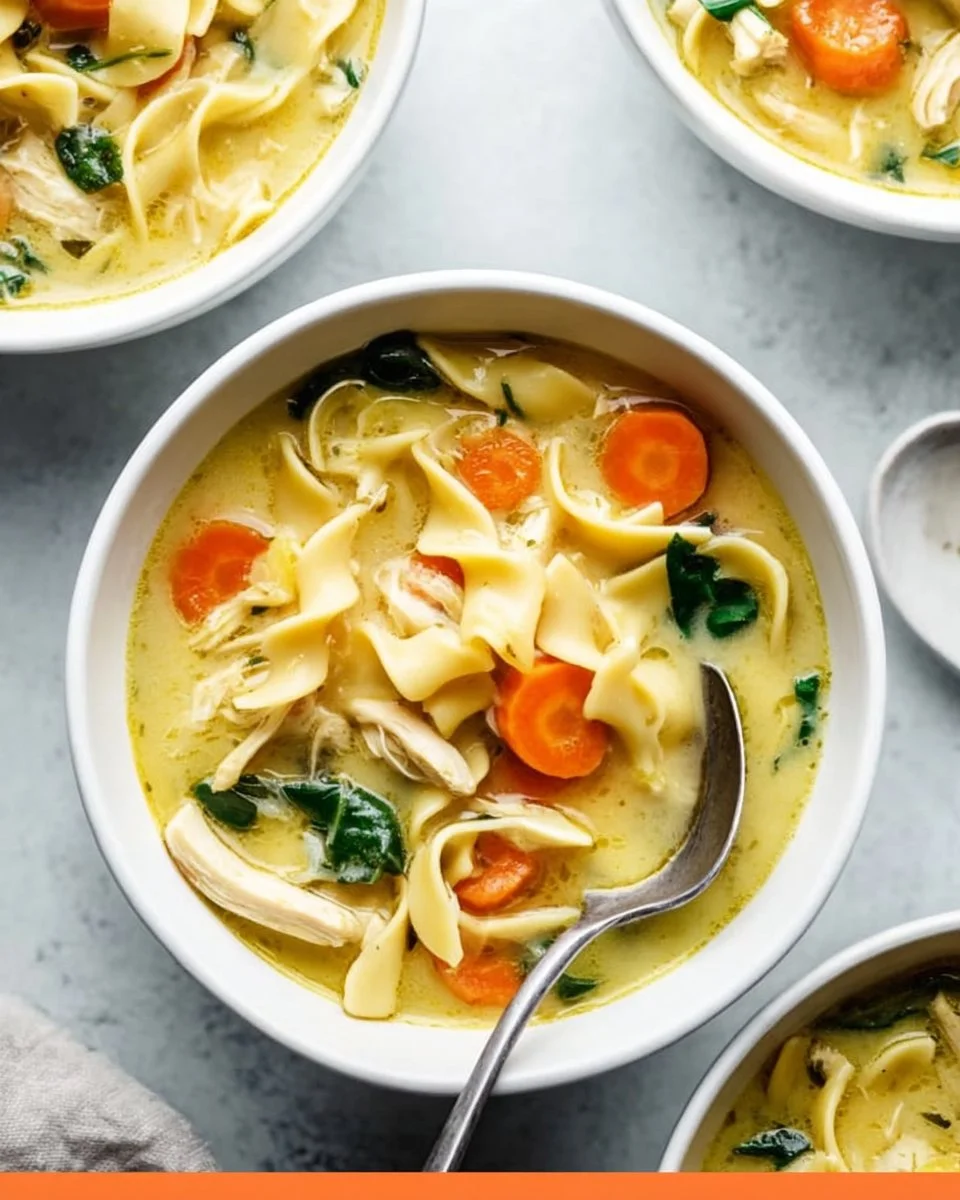 Creamy chicken noodle soup in a bowl with fresh herbs and noodles