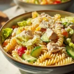 Delicious creamy chicken pasta salad in a bowl with fresh ingredients