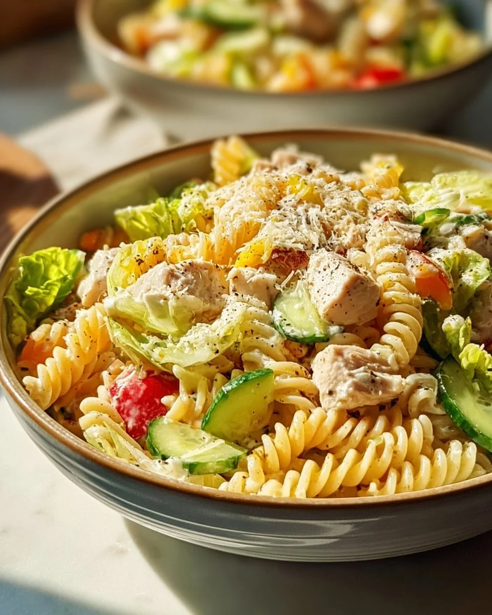 Delicious creamy chicken pasta salad in a bowl with fresh ingredients