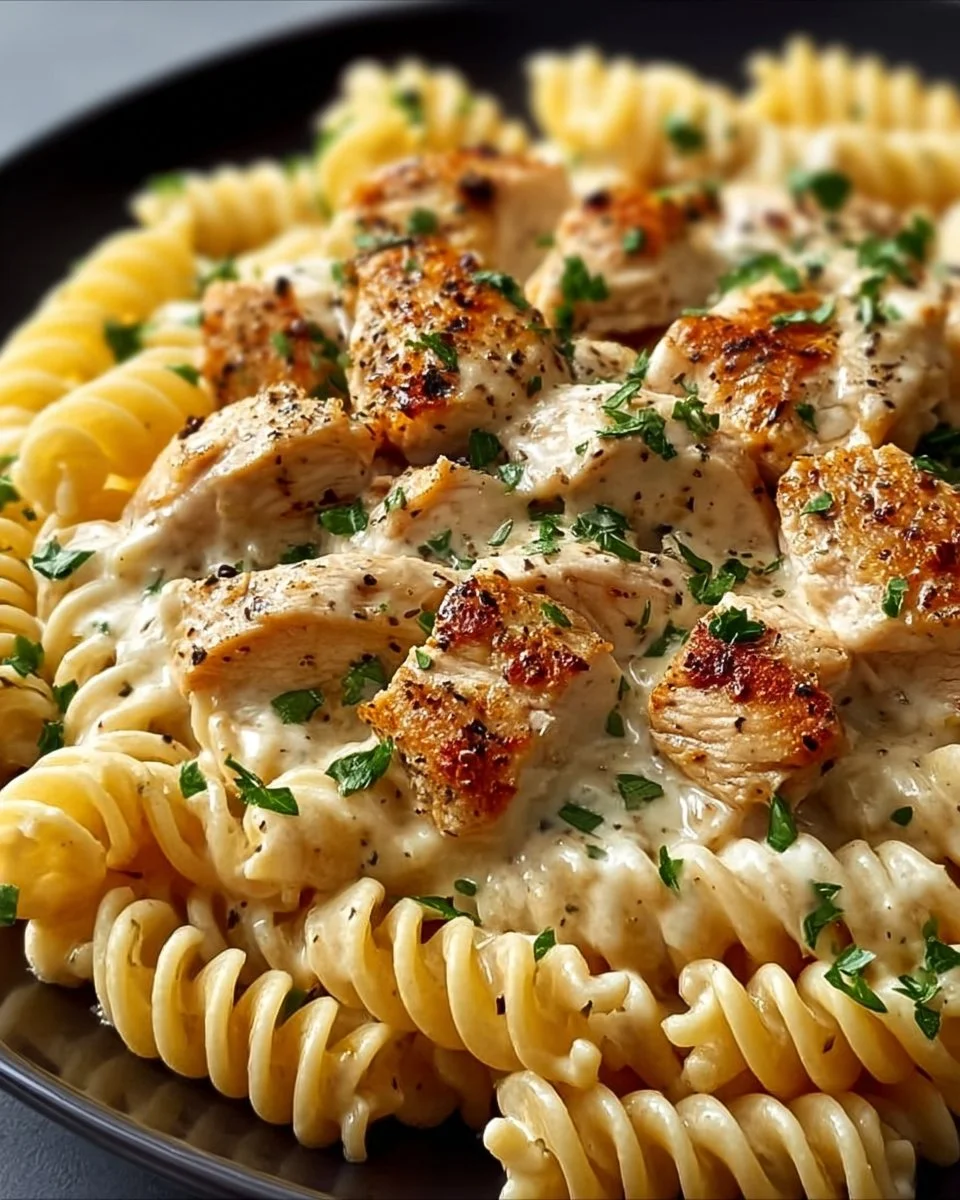 Creamy garlic parmesan chicken pasta served in a bowl with herbs.