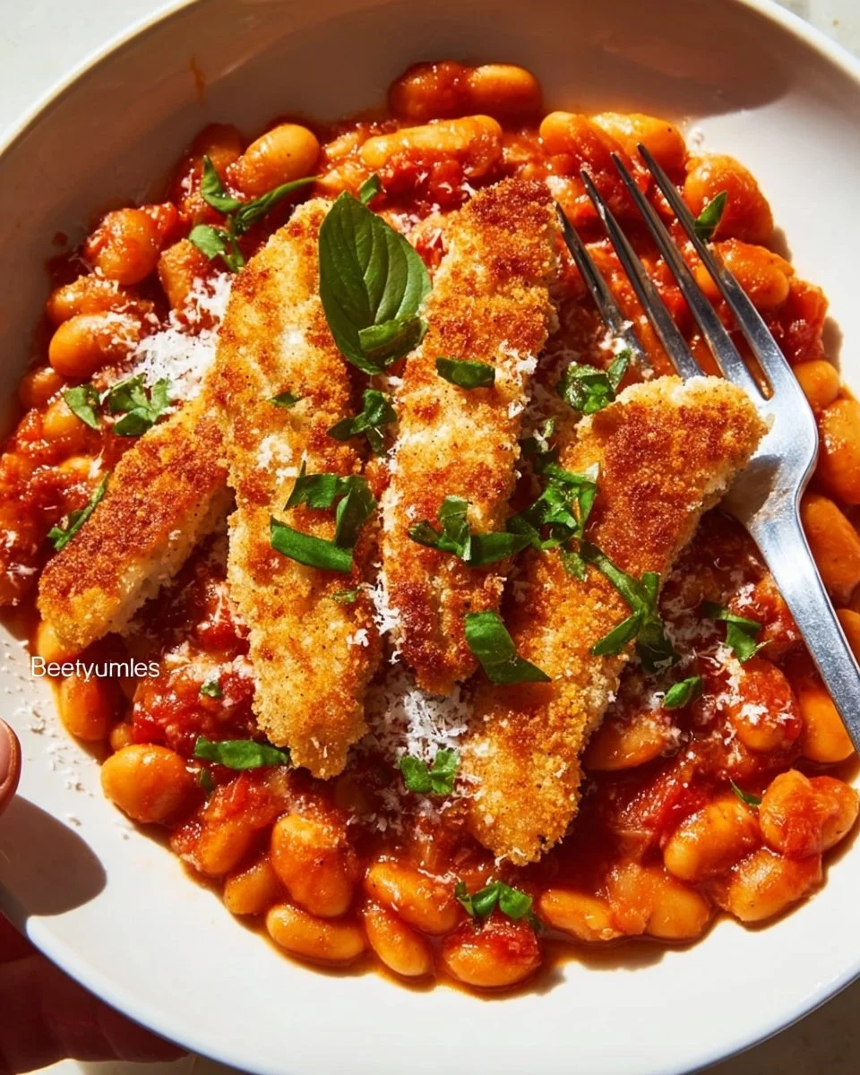 Plate of crispy chicken paired with creamy tomato beans for a delicious meal.