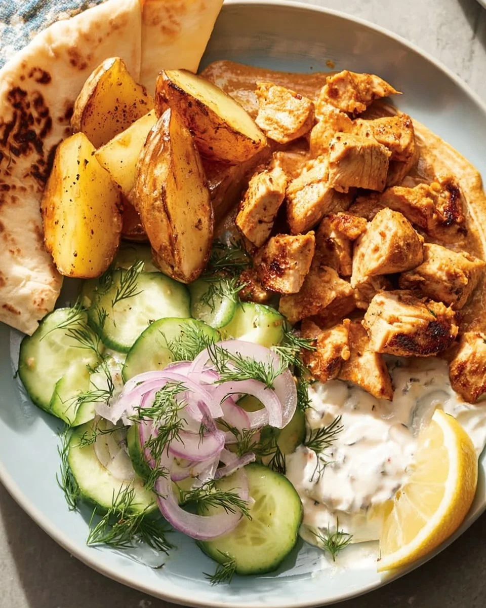 Crispy chicken dinner served with roasted potatoes on a plate.