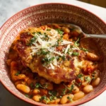 Plate of crispy chicken served with creamy beans and roasted tomatoes