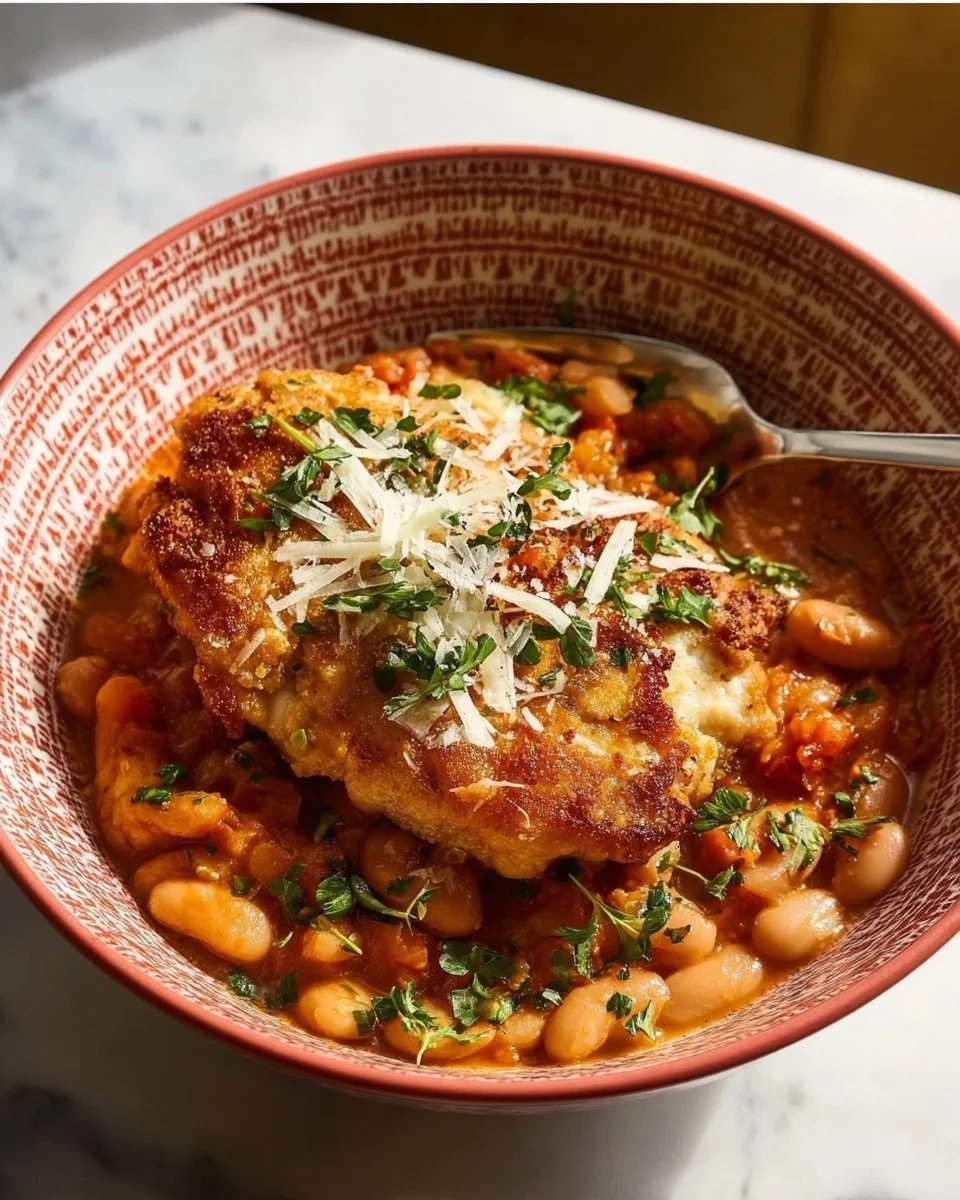Plate of crispy chicken served with creamy beans and roasted tomatoes