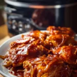Tender and juicy crockpot BBQ chicken served on a plate.