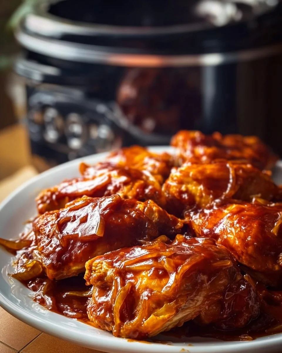 Tender and juicy crockpot BBQ chicken served on a plate.