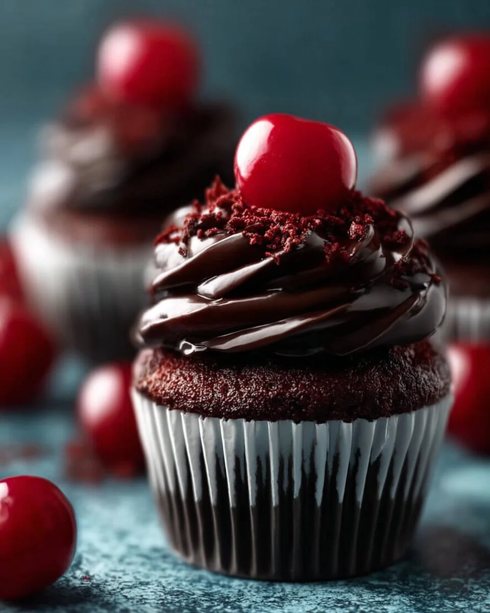 Decadent chocolate-cherry cupcakes with rich frosting and cherry topping