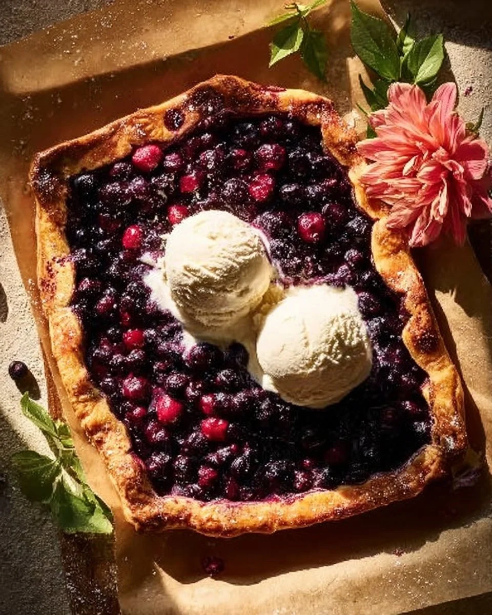 Delicious homemade blueberry cherry galette on a wooden table